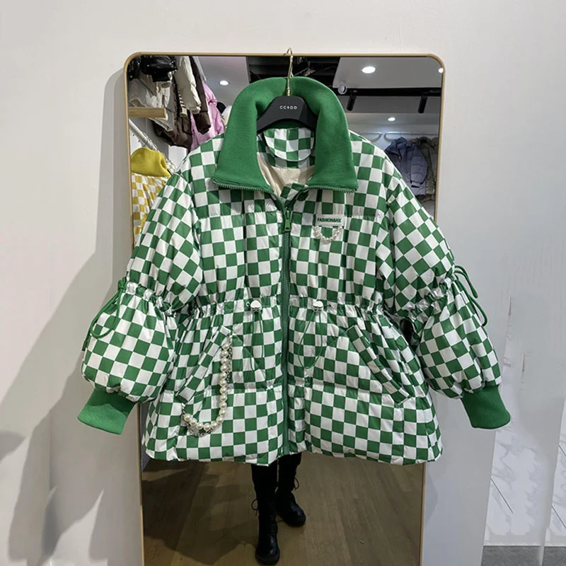 Checkerboard plaid women's thickened knitted stand collar drawstring slim fashion loose white duck down jacket bread