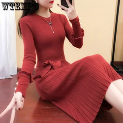 WTEMPO Korean Fashion Slim Crew Neck Sweater Dress Women Elegant Belted Long Sleeve Pleated Knitted Long Dresses