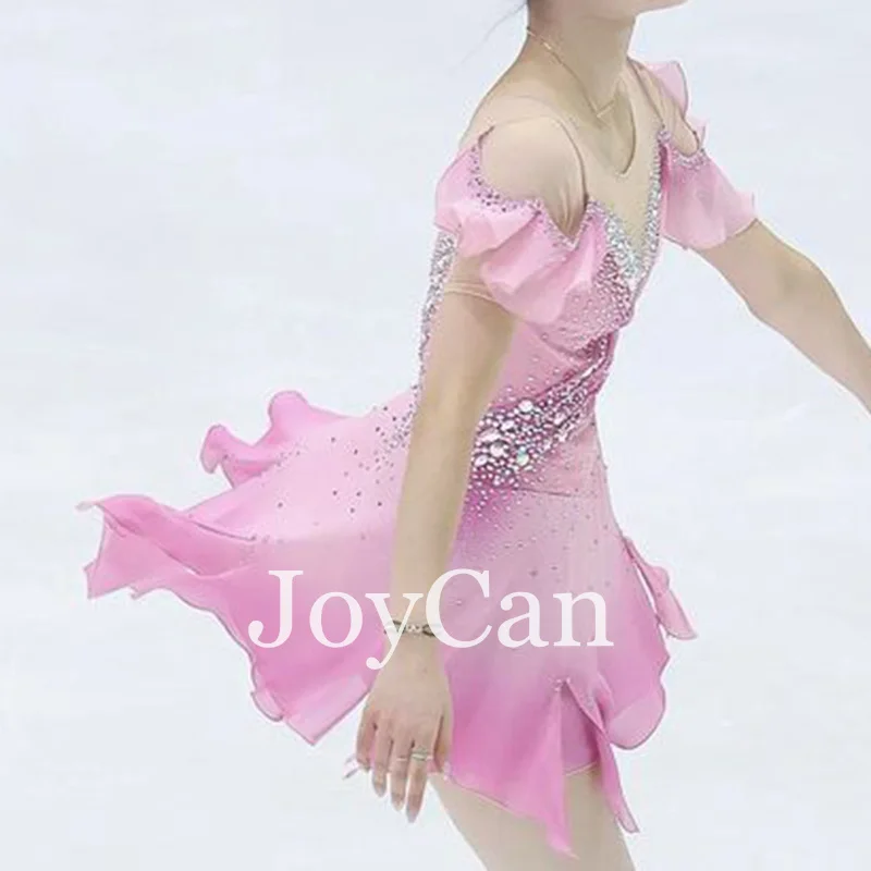 JoyCan Ice Figure  Skating  Dress Girls Pink Spandex Stretchy Competition Dance Wear Customized
