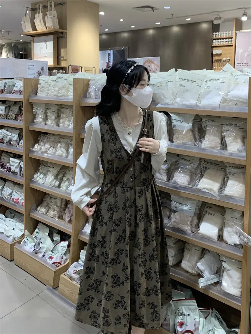 Retro Floral Print Dress Early Autumn Winter Court Style Tea Break Shirt Bib Overalls Two Piece Set Women's Fashion Ensemble