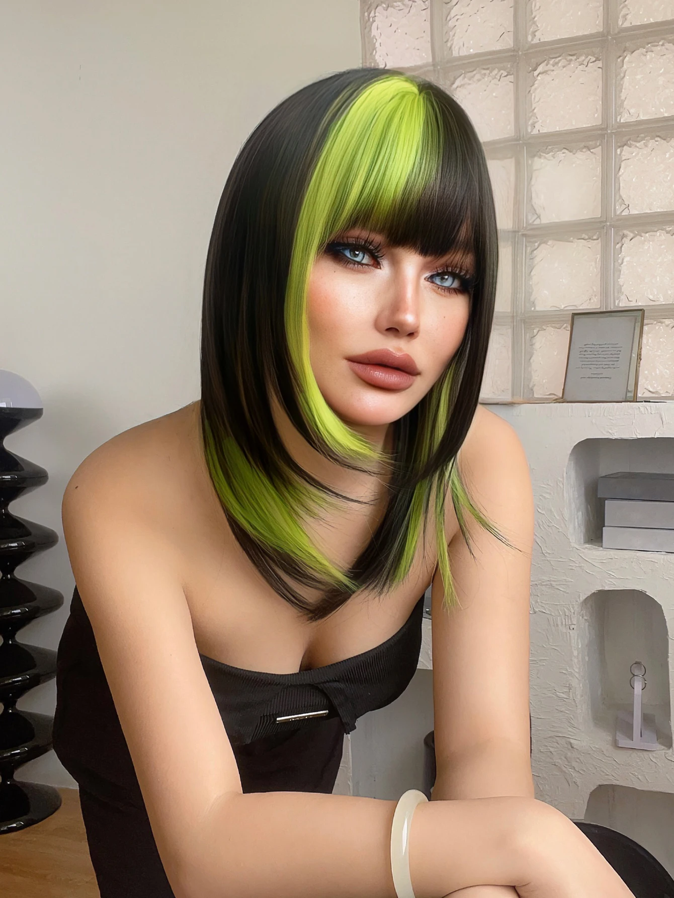 18Inch Black Highlight Fluorescent Green Synthetic Wigs With Bang Short Natural Straight Hair Wig For Women Daily Heat Resistant