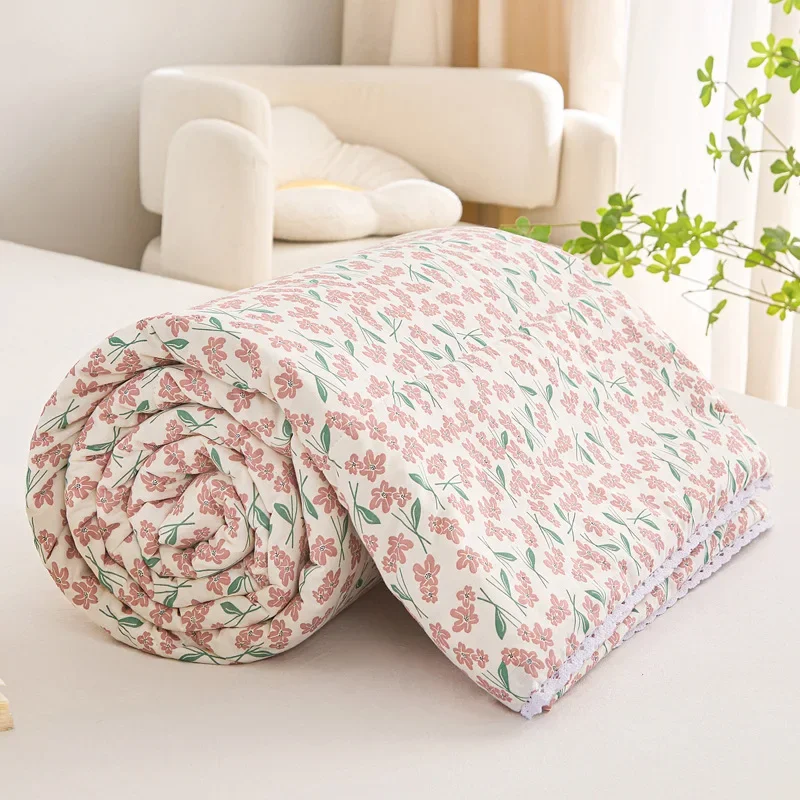 لحاف صيفي من القطن على الطراز الكوري بطانية مزدوجة 100% قطن مع حواف من الدانتيل مفرش سرير خفيف الوزن وجيد التهوية لجميع المواسم