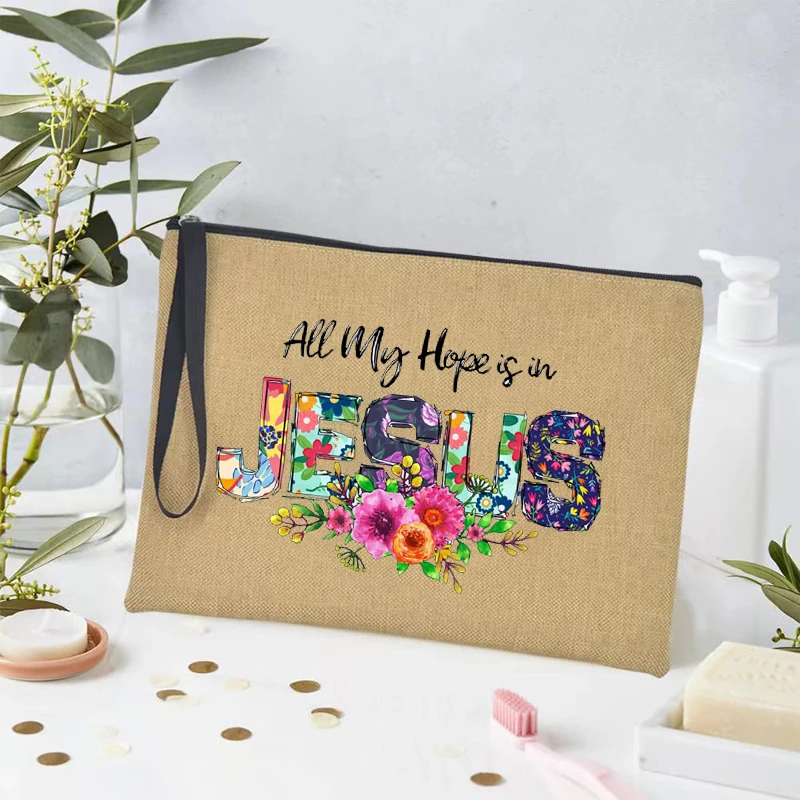 Bolsa de maquillaje de lino con patrón de Jesús para niña, bolsa de regalo cristiano, todo mi esperanza está en Jesús, regalo católico, organizador de cosméticos de viaje, estuche para lápices