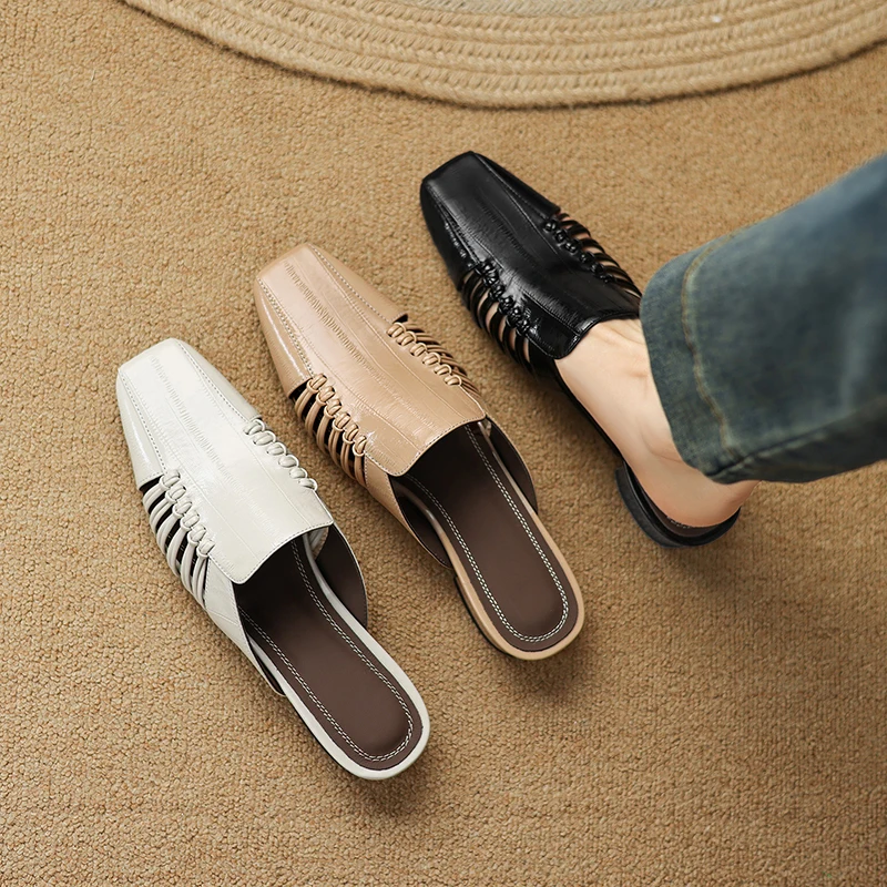 2026 new summer women sandals natural leather plus size 22-25.5cm sheepskin square toehollow-out mules women slippers fashion