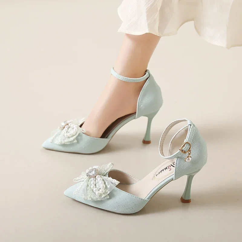 2024 Summer New Bow Sandals Women\'s Pointed Thin Heel Buckle Fairy Style High Heels