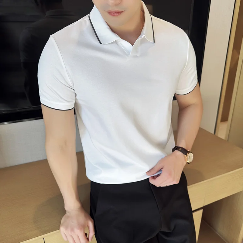Business Casual Solid Color Men\'s Polo Shirt, 2024 Summer Classic, Men Short Sleeve V-neck T-shirt, Slim Fit Spliced Polo 4XL-M