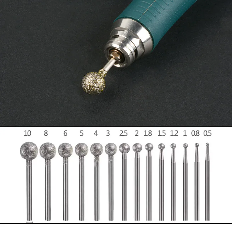 1/5/10 Stück Kugelförmige Diamant-Schleifköpfe mit 2,35mm/3mm Schaft, Kugelförmiger Polierkopf für Gravur, Dremel-Rotationswerkzeuge – Detail 6