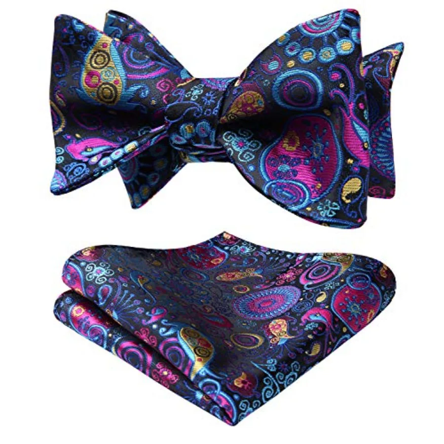 Bow Ties for Men Floral Bowties Mens Self Tie Bow Tie Handkerchief Jacquard Woven Bowtie Pocket Square Set, A1-blue-floral view 2