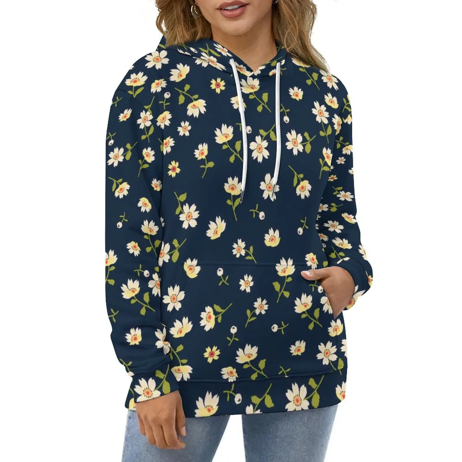 Yellow And Blue Daisies Hoodies Floral Print Street Wear Casual Hoodie Long Sleeve Aesthetic Graphic Sweatshirts Big Size 5XL