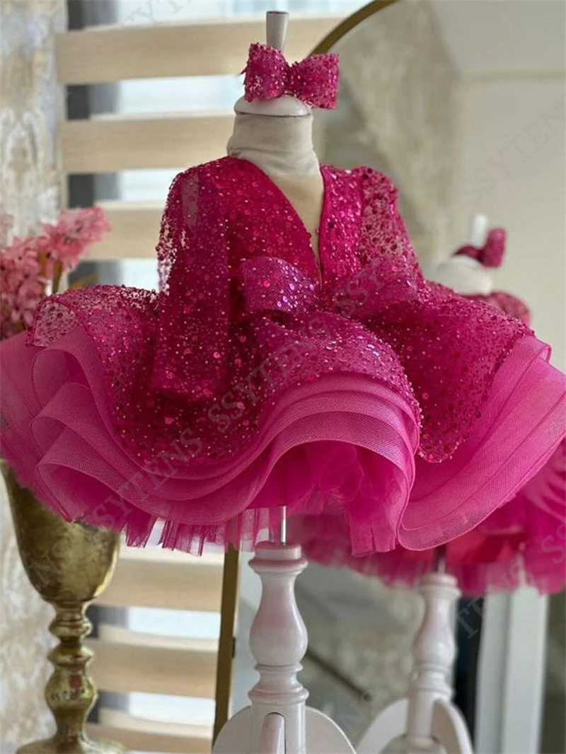 SSYTENS 귀여운 a 라인 새틴 미니 푹신한 꽃의 소녀 드레스 긴 소매 공주 아이 가운 2025 생일 파티 드레스 맞춤형 ﻿