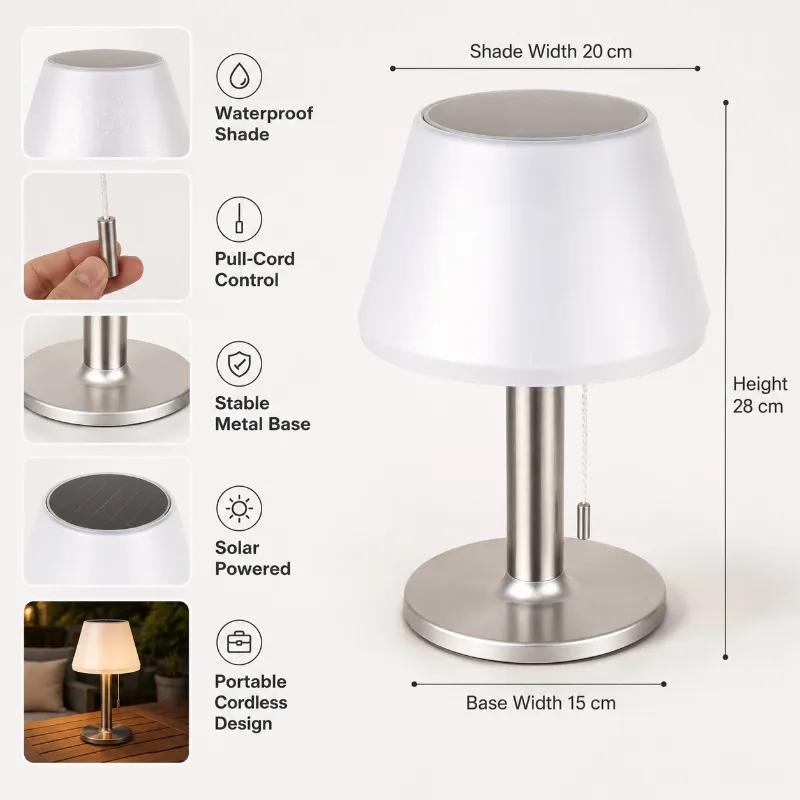Solar Table Lamp Outdoor Waterproof Pull Cord 10 LED Night Light 3 Brightness Levels Patio Garden Camping Cordless Decor Lamp