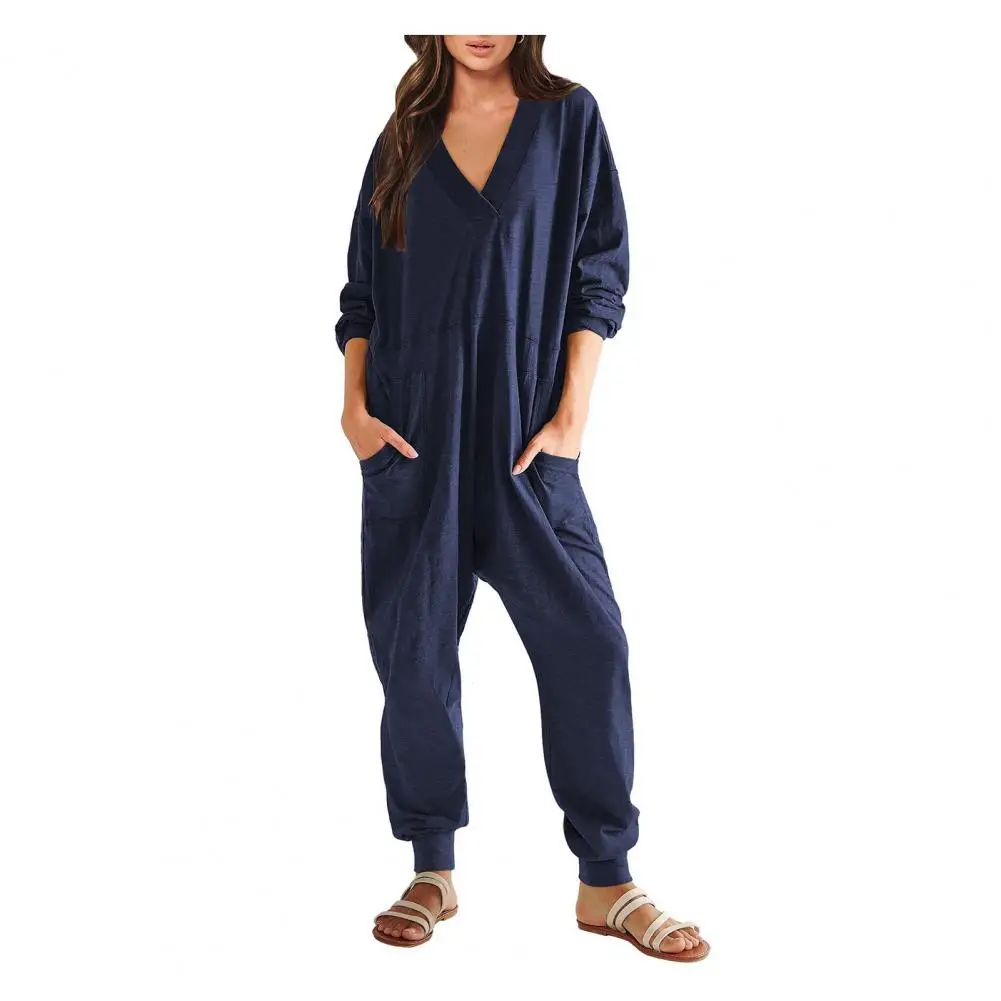 Women Jumpsuit V Neck Long Sleeve Loose Oversized Pockets Deep Crotch Baggy Ankle-banded Soft Lady Pajama