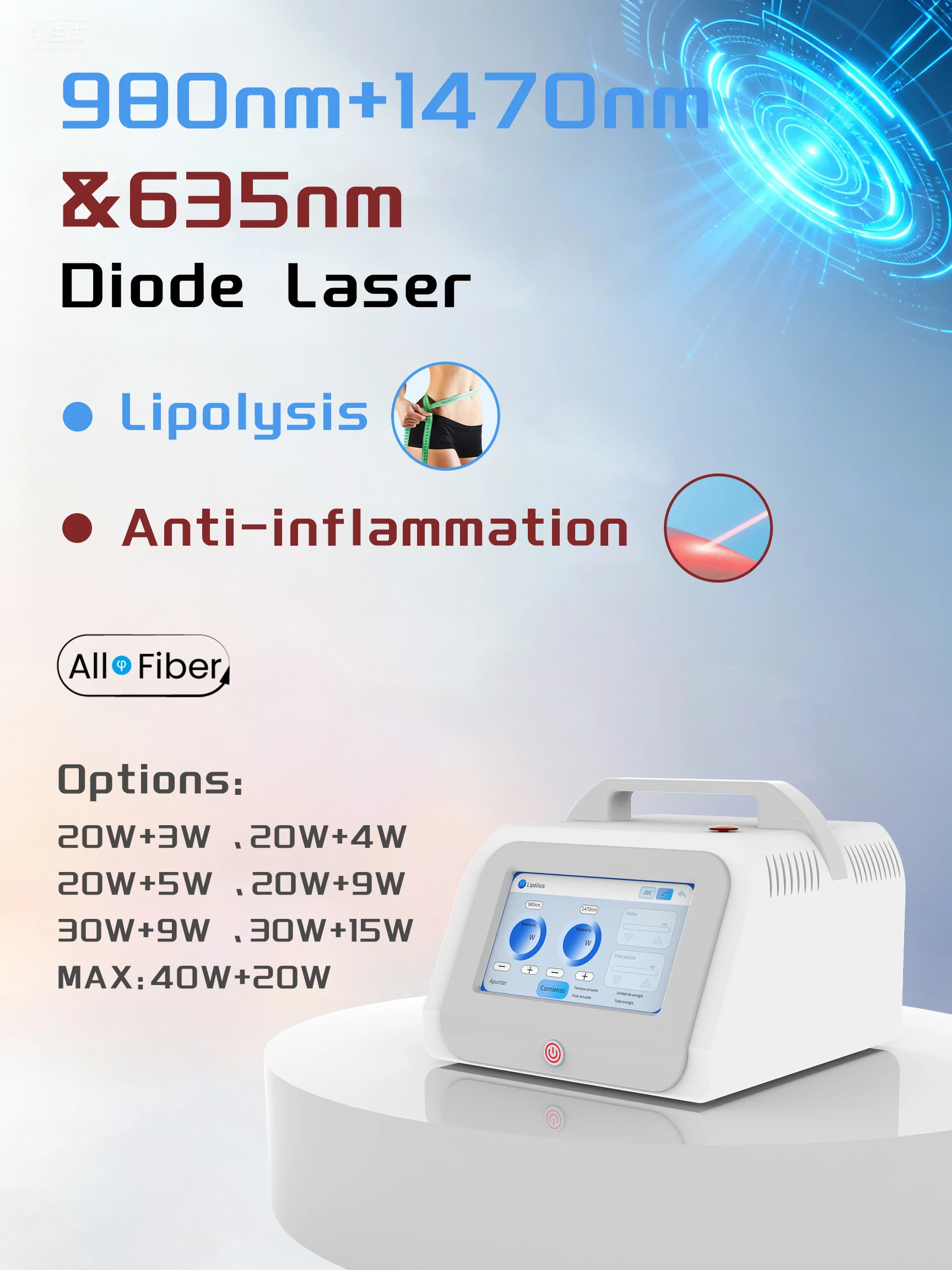 1470nm fat dissolving machine Hot Sale Fiberlifting Surgical Lipolysis 980nm 1470nm Laser Plasma Liposuction Endolaser Laser