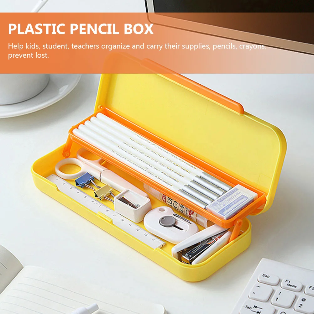 

2 Pcs Layer Kids Pen Box Large Capacity Plastic Stationery Boxes Blue Yellow Pencil Cases Students School Supplies