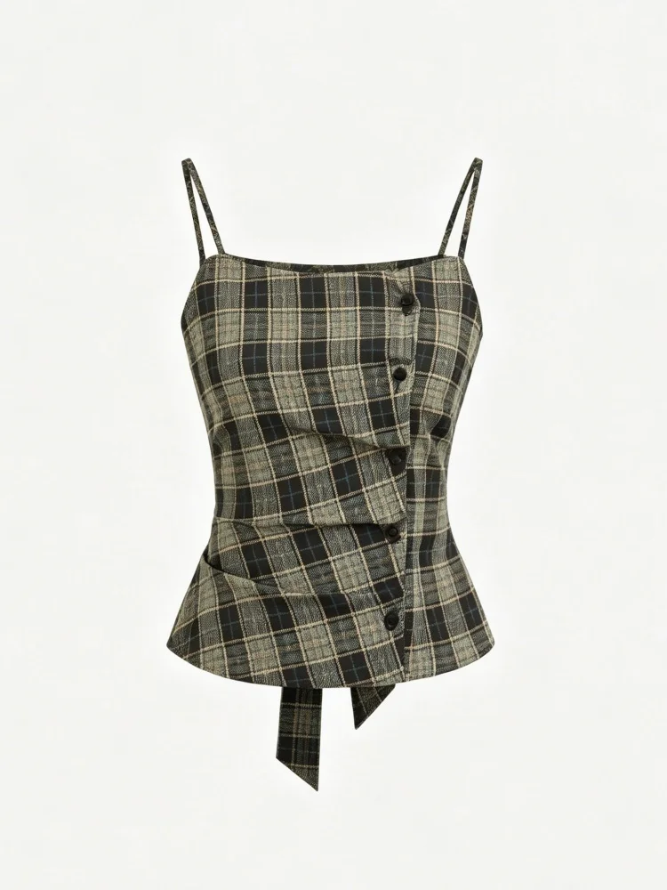 Y2K American Retro Worn Check Spaghetti Strap Camisole Side Single Row Buttons Ruched Waist Back Tie Sash Layering Top