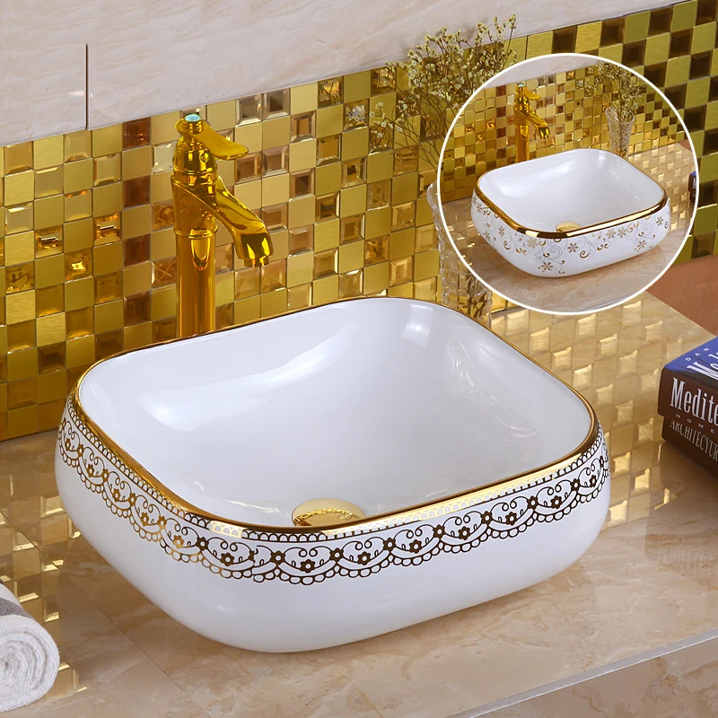 

Simple Golden Trim Table Basin Wash Basin Small Size Bathroom Balcony Wash Basin Net Red New Chinese Style