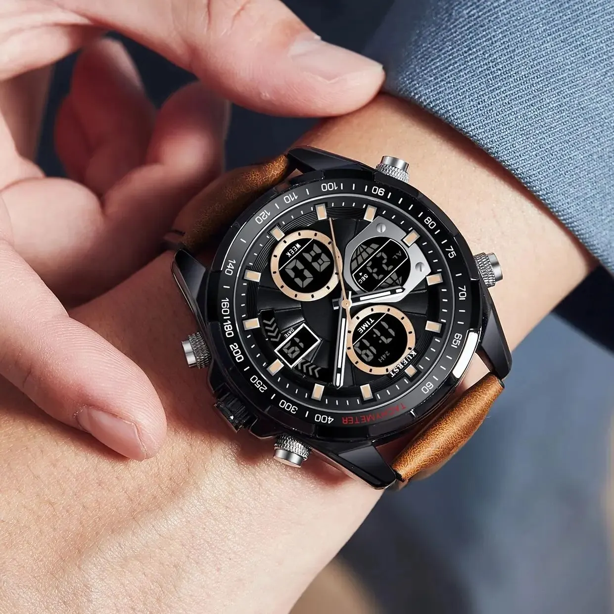 KUERST Brand Retro Double Display Quartz Electronic Watch Waterproof/dual Time Zone/luminous Sports Fashion Watch