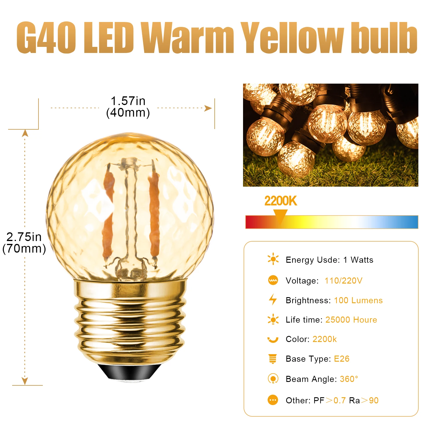 G40 bohlam lampu hangat E27 Led kuning, lampu Natal pernikahan dekorasi luar ruangan dalam ruangan Vintage dapat diganti dapat diredupkan 220V E27 1W