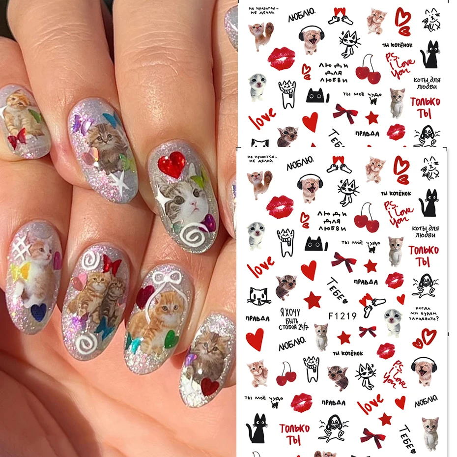 Niedlicher Katzen-Nagelkunst-Aufkleber, entzückende schwarze Katze, Schleife, Herz, Kirschdesign, selbstklebende Nagelaufkleber, Dekorationen für festliche Nägel