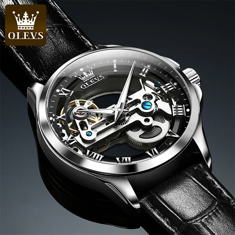 OLEVS Brand Hot Sale Skeleton Hollow Leather Men\'s Wrist Watches Luxury Automatic Mechanical Male Clock New Relogio Masculino