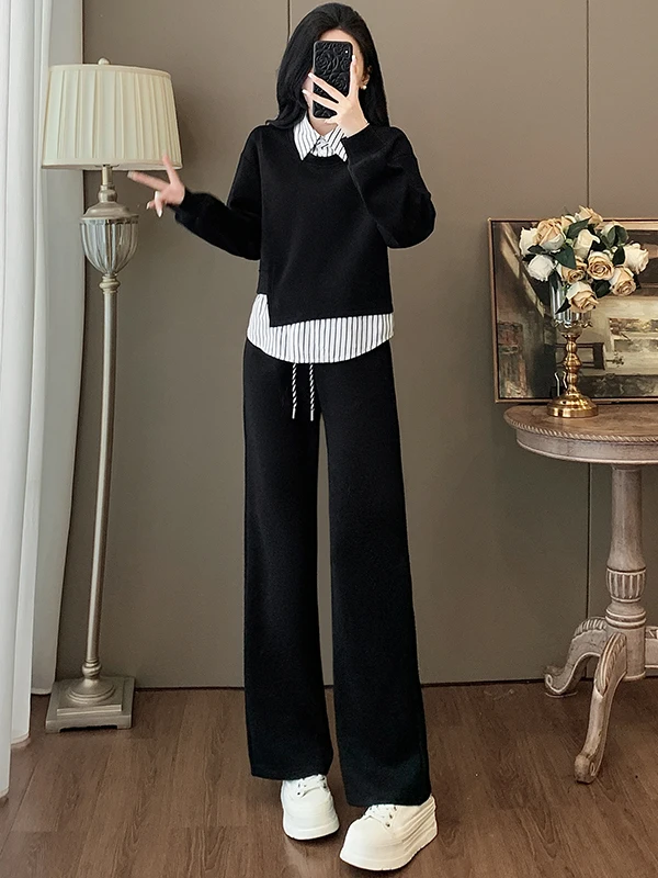 

Young Looking Set Women's Spring Anti-Aging Design Black Fake Two-Piece Long Sleeve Top Wide Leg Pants Two-Piece Set