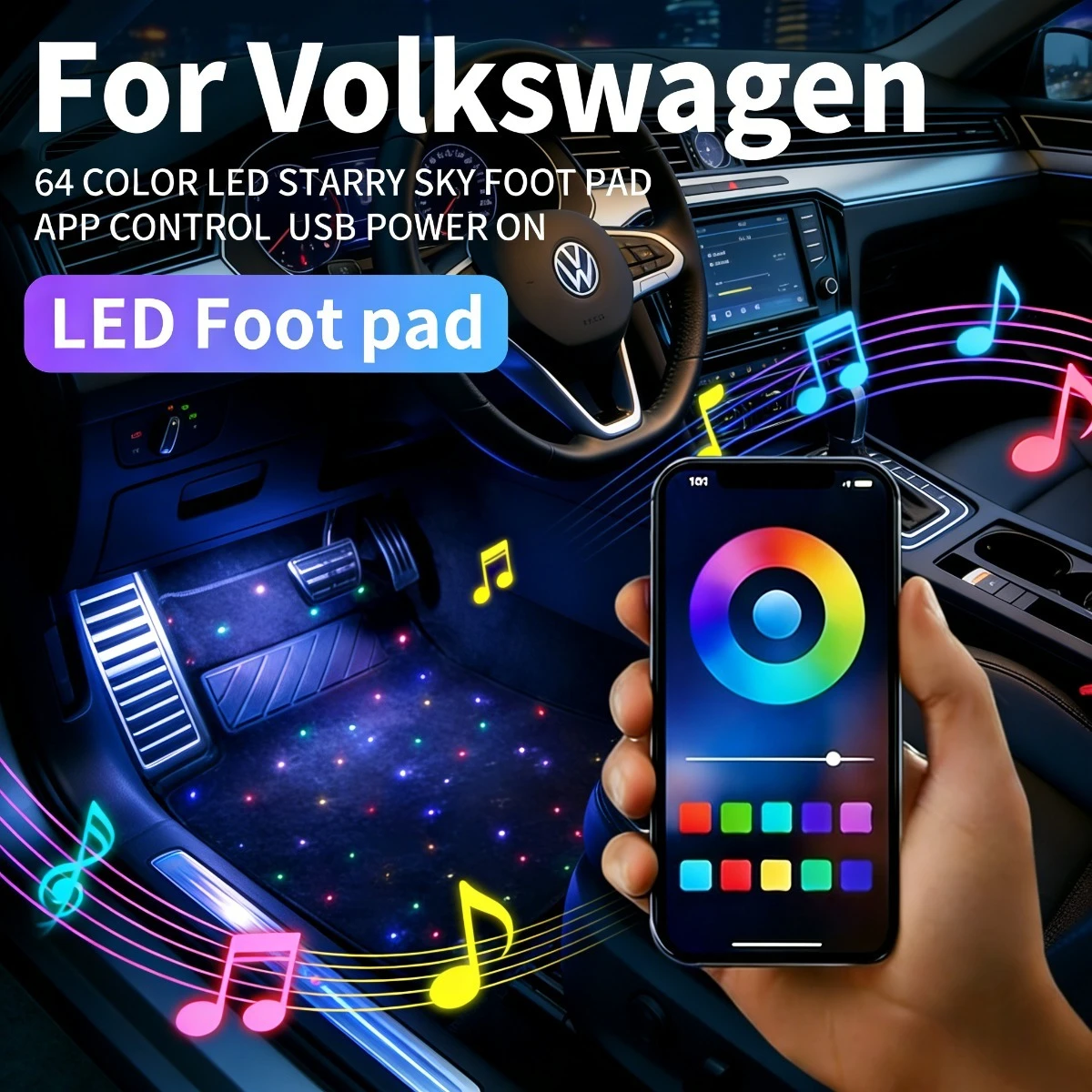 For VolkswagenGolf Polo T-Cross Caddy Touran Jetta Vento Talagon Tiguan Touareg USB Car LED Starry Sky Foot Mat DIY Can Be Cut