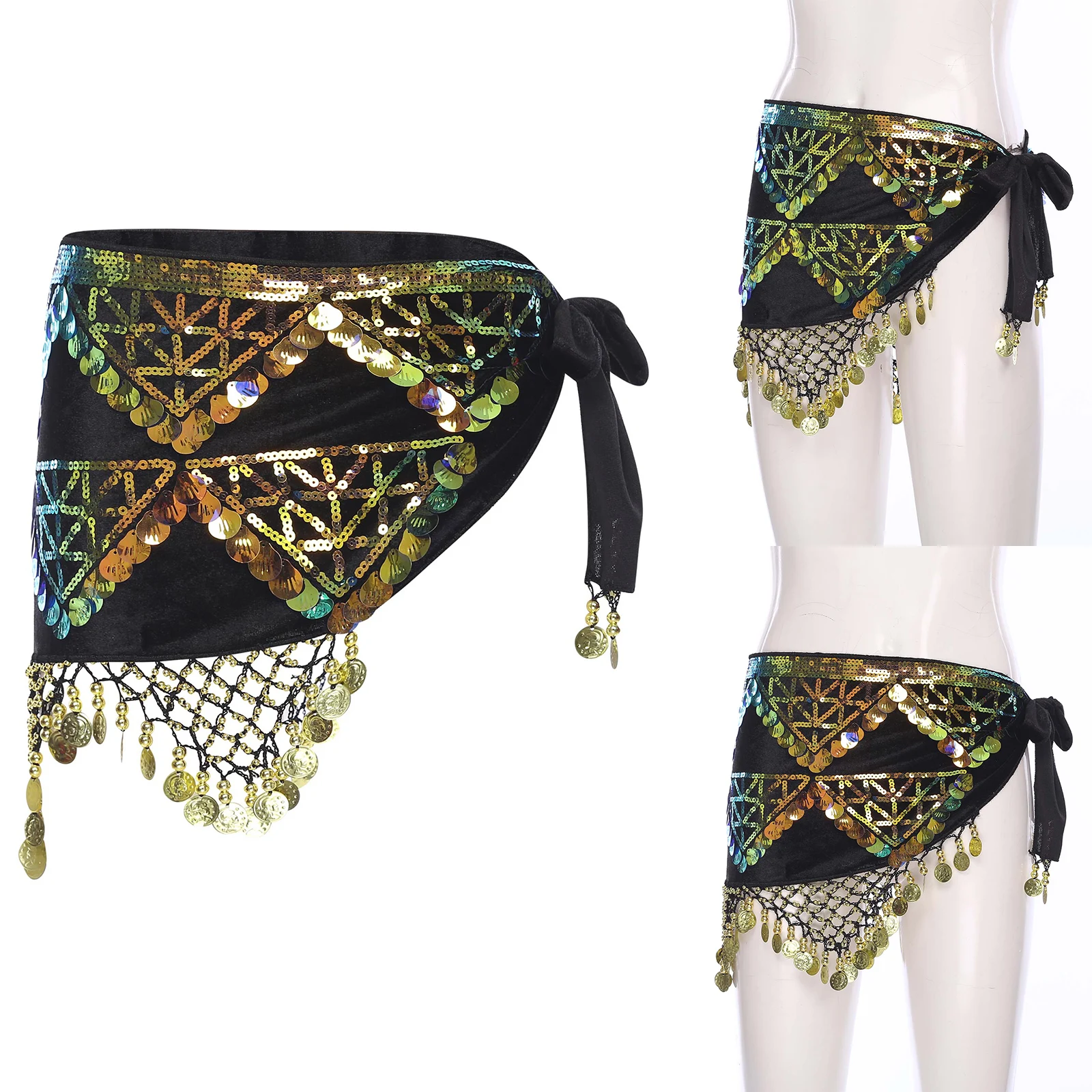 Volwassen dames elegante buikdanskleding pailletten kwastje driehoek sjaal franje wikkelrok voor podium prom volksdansvoorstelling