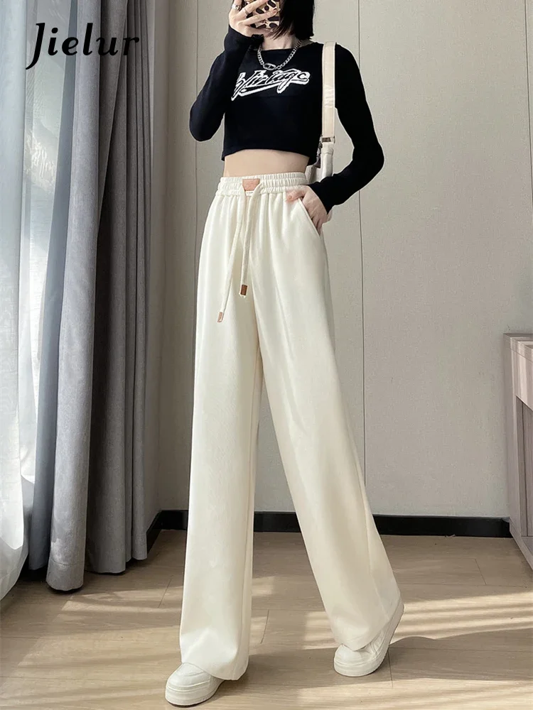 

Jielur трикотажные прямые однотонные повседневные свободные женские брюки с высокой талией бежевые женские спортивные штаны на шнурке осенние широкие брюки