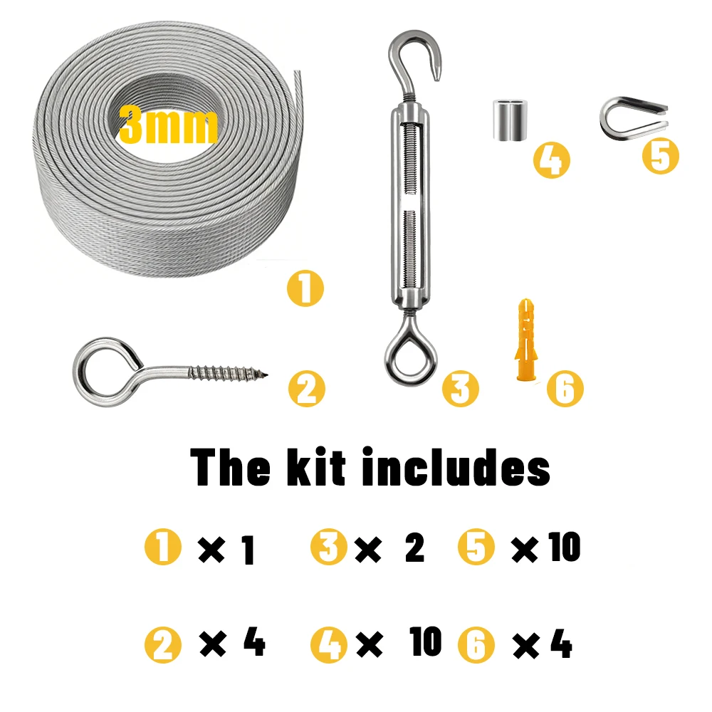 3mm Stainless Steel Wire Rope Kit with PVC Coating Heavy-Duty Cable for Balcony Railing Farm Fence Sunshades Clothesline 10-25m
