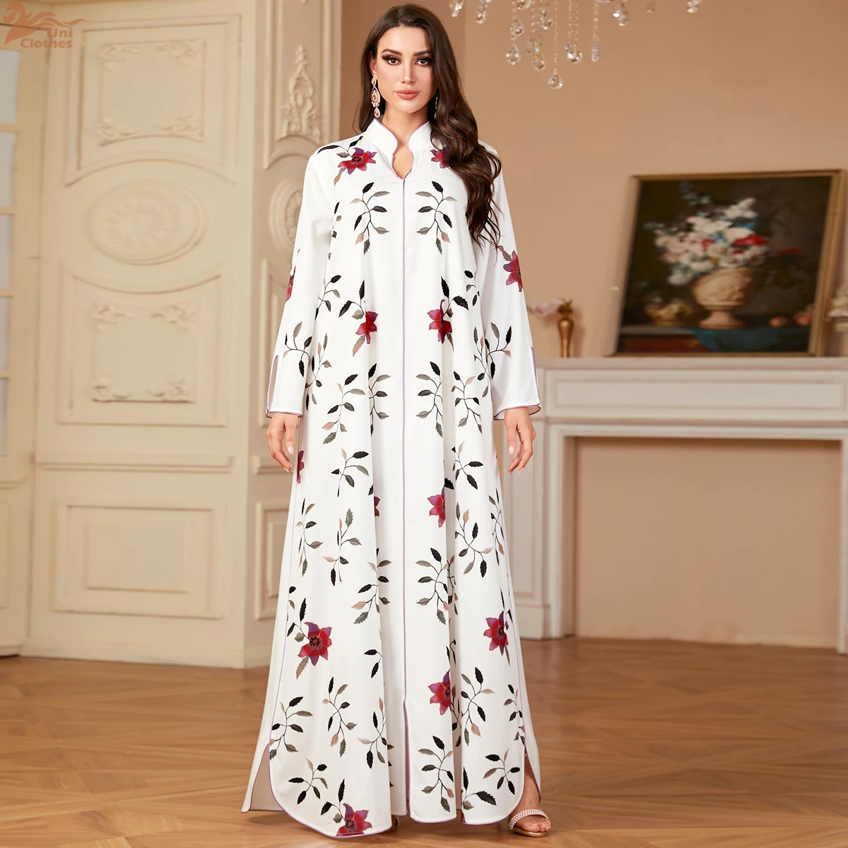 Uni Muslim Woman’s abayas Floral Pattern V-Neck Split Hem Dresses Moroccan Islamic Robe Arab Ramadan Mubarak Clothing