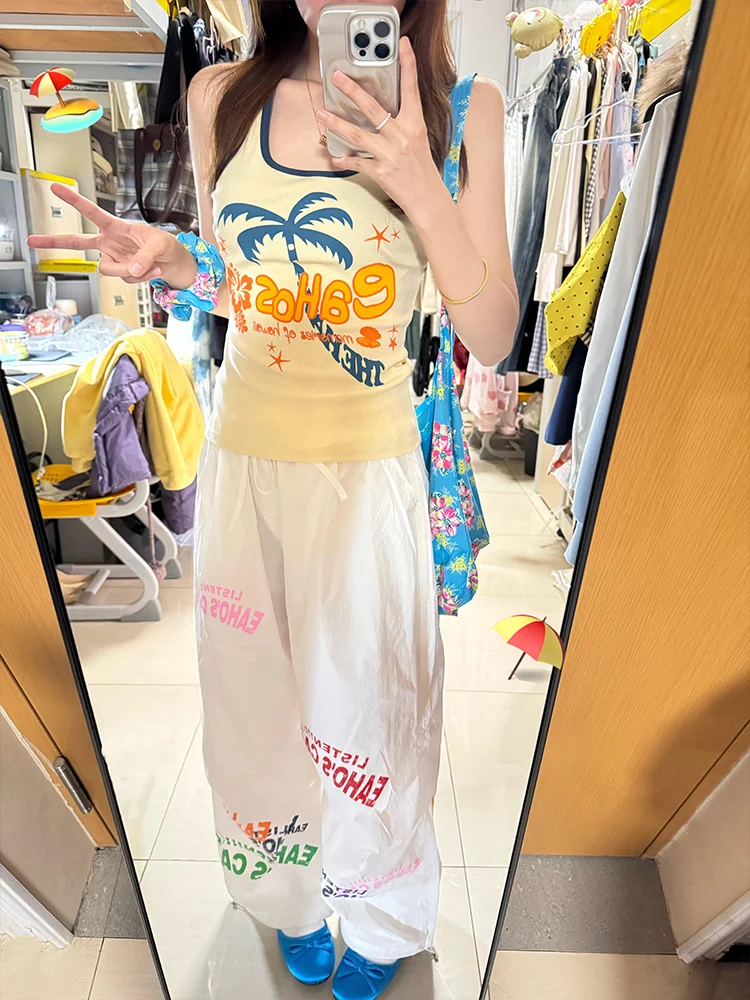 Chaleco Retro americano con estampado de letras y nueces para mujer, ropa de verano para exteriores, Top Sexy adelgazante para vacaciones