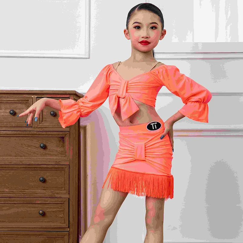 2024 New Latin Dance Costumes For Girls Lantern Sleeve Split Tassel Skirt Suit Chacha Rumba Tango Kids Latin Dance Wear DN17356