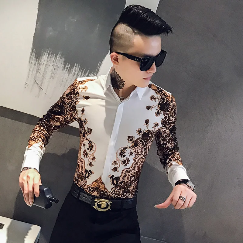 Digital Streetwear Print Slim Fit Party Tuxedo Shirt Casual Men 3XL-M Top Quality Men Shirt Autumn Long Sleeve Mens Dress Shirts