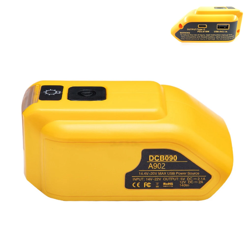 Original Replacement DCB090 Power Source Converter For Dewalt 20v Max 18V Battery Adapter With Dual USB DC 12V LED Work Light