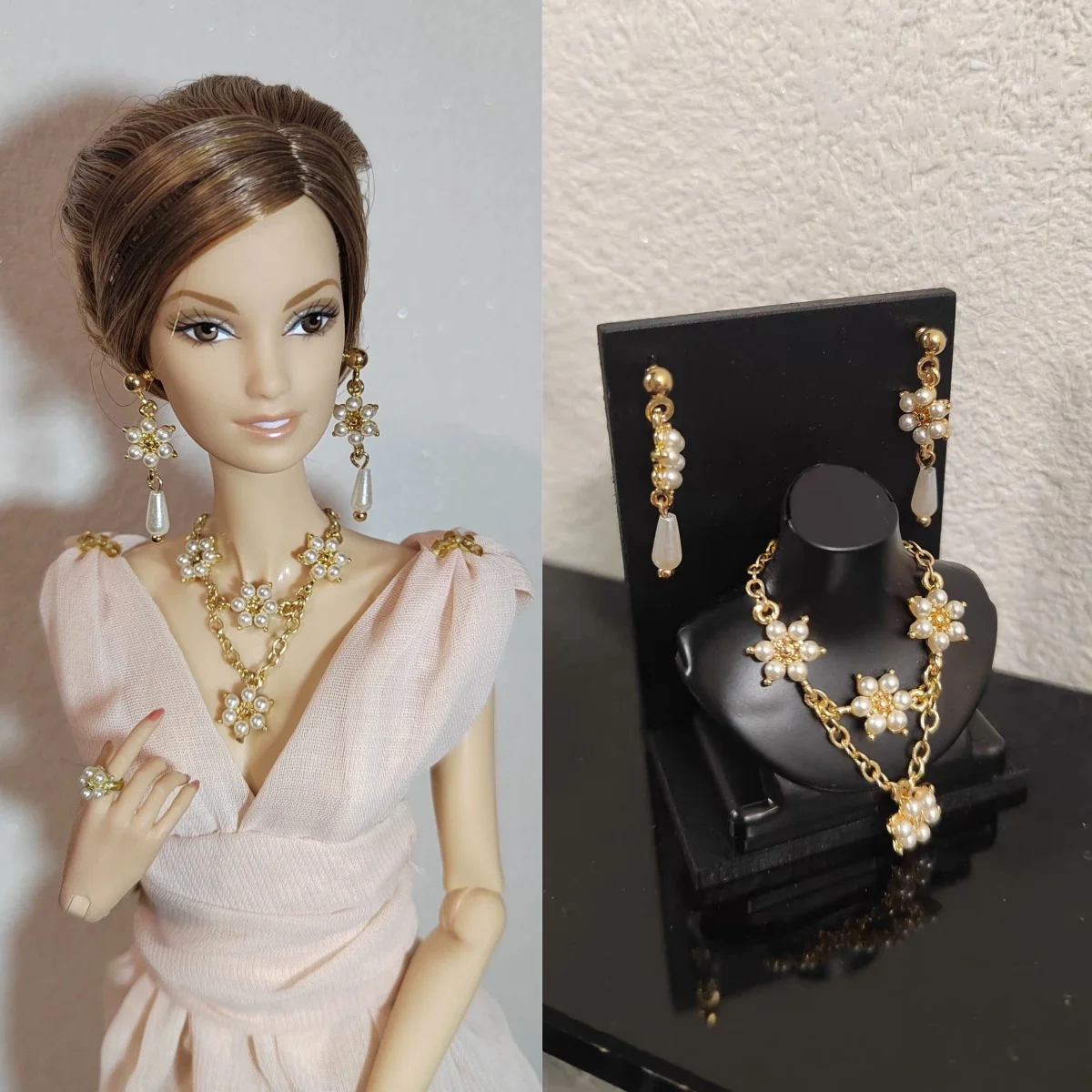 

Ювелирные аксессуары для кукол 1/6, изысканное жемчужное ожерелье со снежинками + роскошные серьги + комплект жемчужных колец для куклы BJD 30 см, платье своими руками