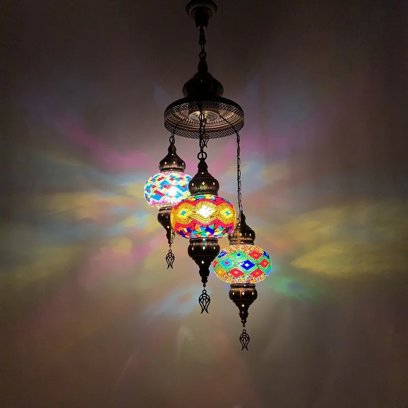 

Vintage Romantic Handmade South East Asia Restaurant Cafe Stairwell Bohemian Three Head Disc Chandelier