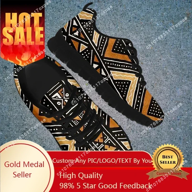 

African Print Women Lace Up Sneakers Mesh Ladies Shoes Ethnic Tribal Pattern Light Casual Black Walking Footwear Dropship