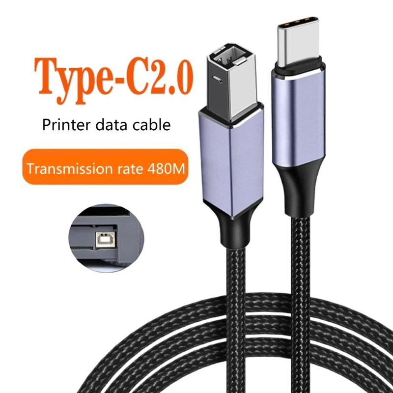 Aluminum Nylon Braided Type C 2.0 to USB Printer Cable for Phone Tablet Laptop Fast Data Transfer Strong Sturdy Design F19E