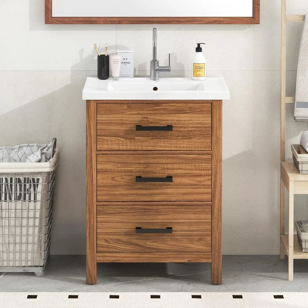 24" Bathroom Vanity with Sink,Bathroom Vanity with a Tip-Out Drawer and Two Pull- Out Drawers, Freestanding Single Sink , Wood