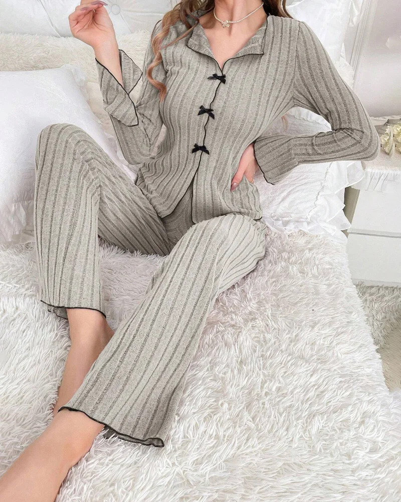 Two Piece Set Women Outfit 2025 Spring New Turn-Down Collar Bowknot Decor Long Sleeves Top & High Waist Casual Pants Pajamas Set