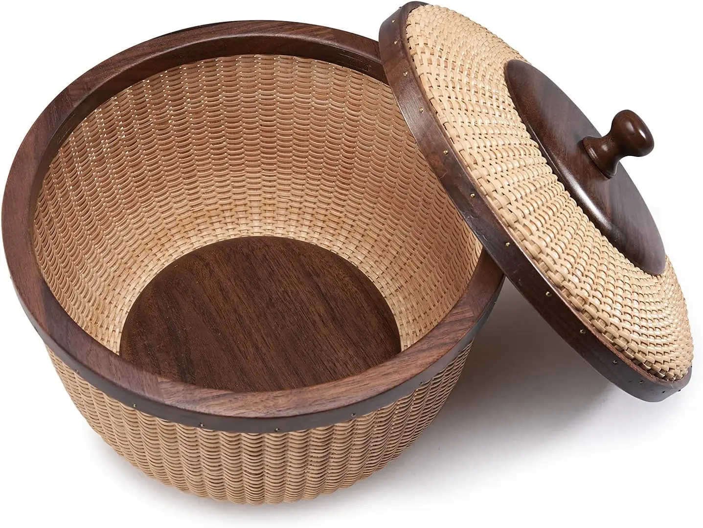 Nantucket round 8.5in handicraft Basket,with lid desktop organizer sewing basket Cane-on-cane weave