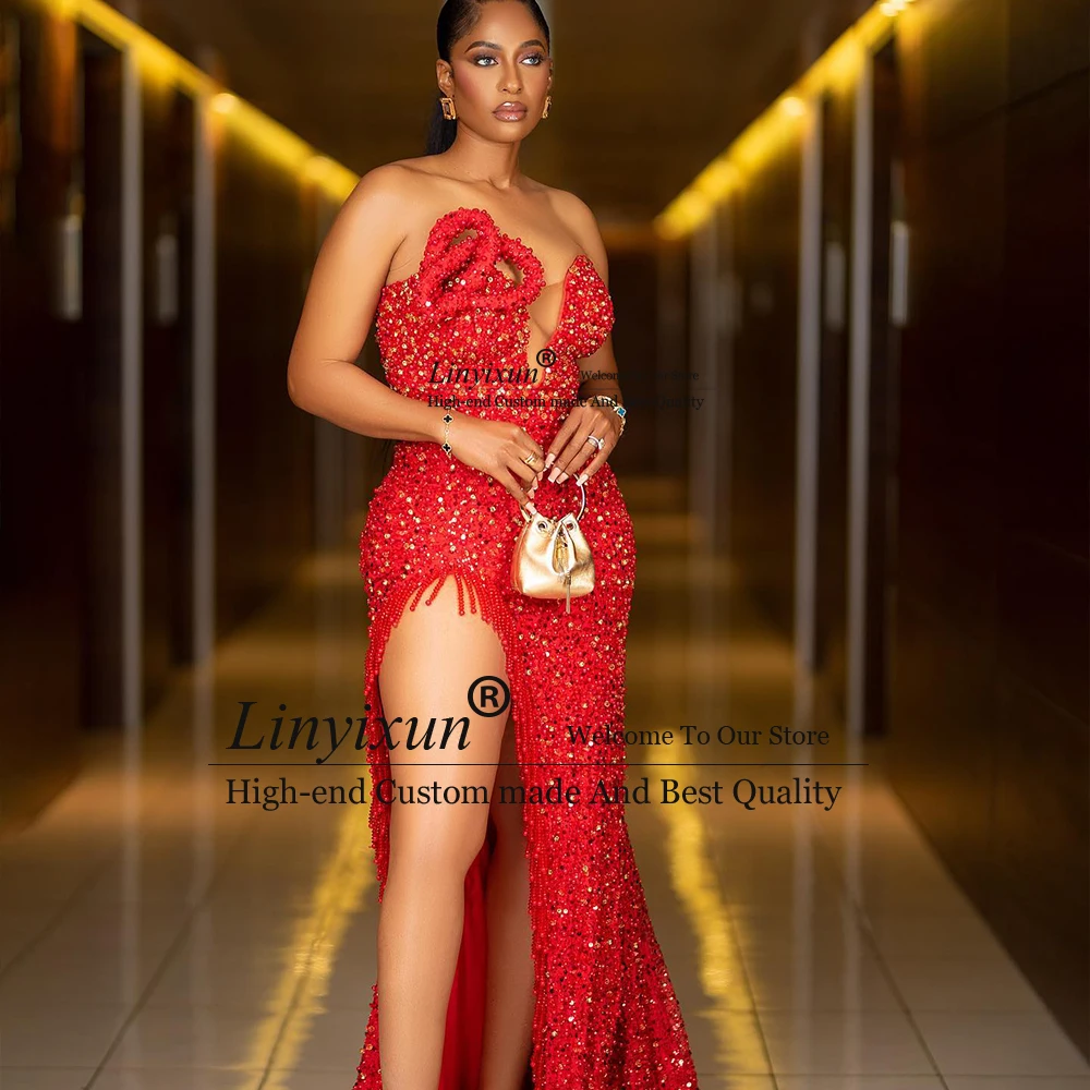 Glitter lantejoulas vestidos de baile sem alças miçangas sereia fenda lateral vestidos de festa à noite personalizado sem mangas robe de soiree dubai