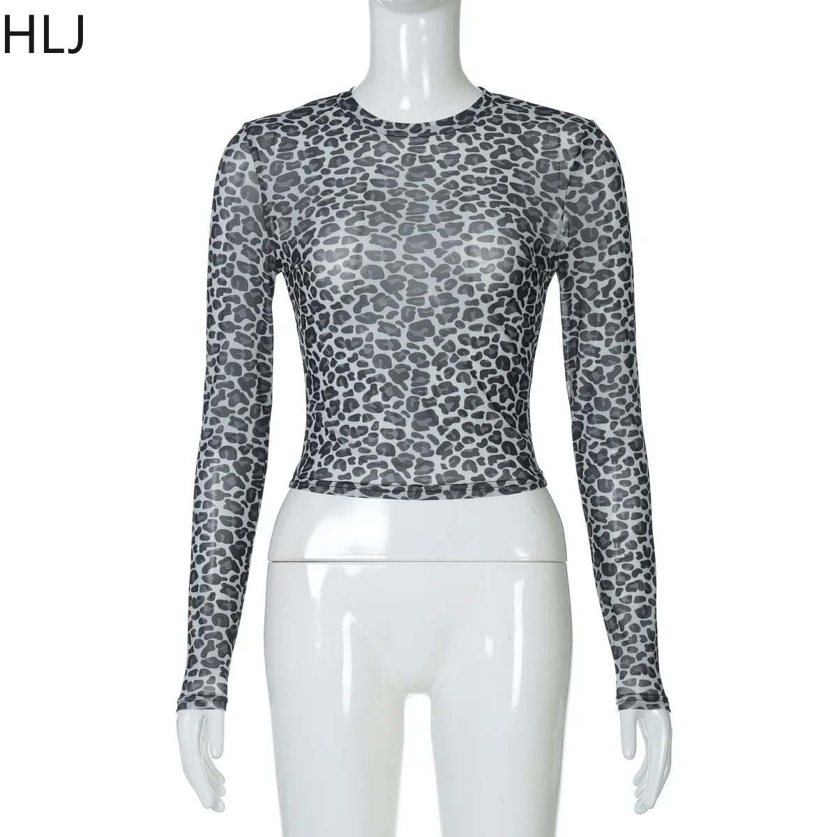 HLJ Fashion Y2K Mesh See Though Leopard Two Piece Sets Women Round Neck Long Sleeve Slim Crop Top And Sequin Shorts Outfits 2025