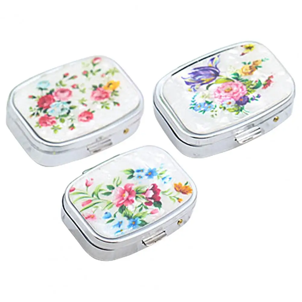 Practical Pill Organizer Reusable Flower Print Metal Box Separate Compartment Dust-proof Medicine Box