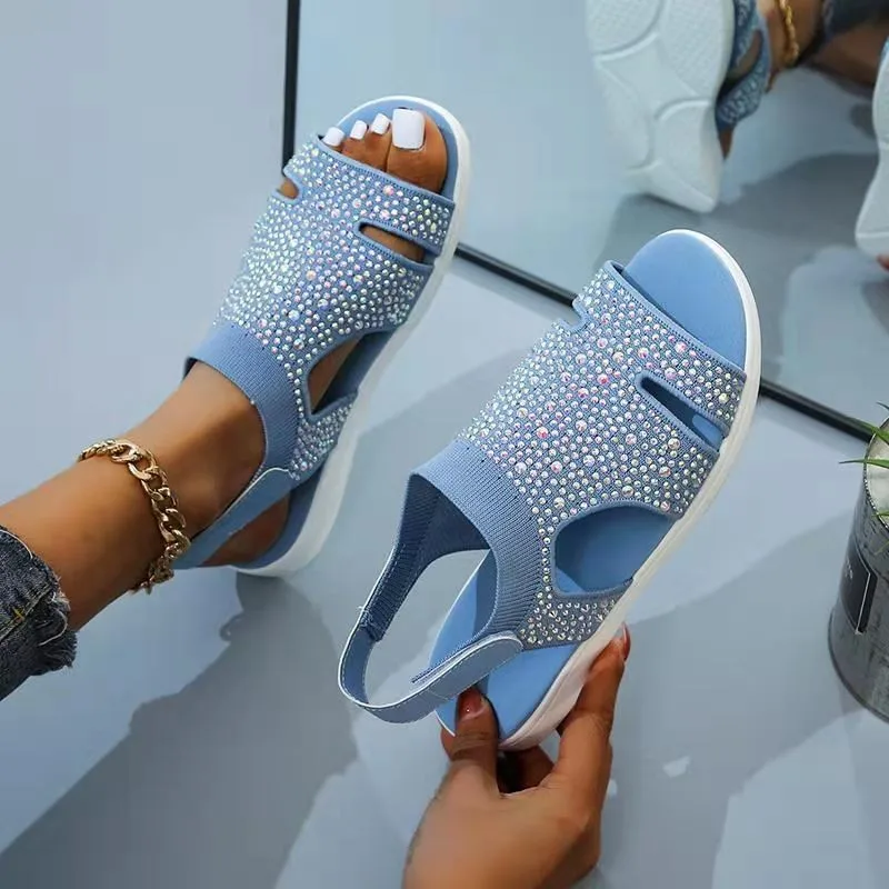 New Summer Women Sandals fashion Stretch flying weave Rhinestone Casual Woman Flats 2022 Ladies Beach Shoe Big size 36-43