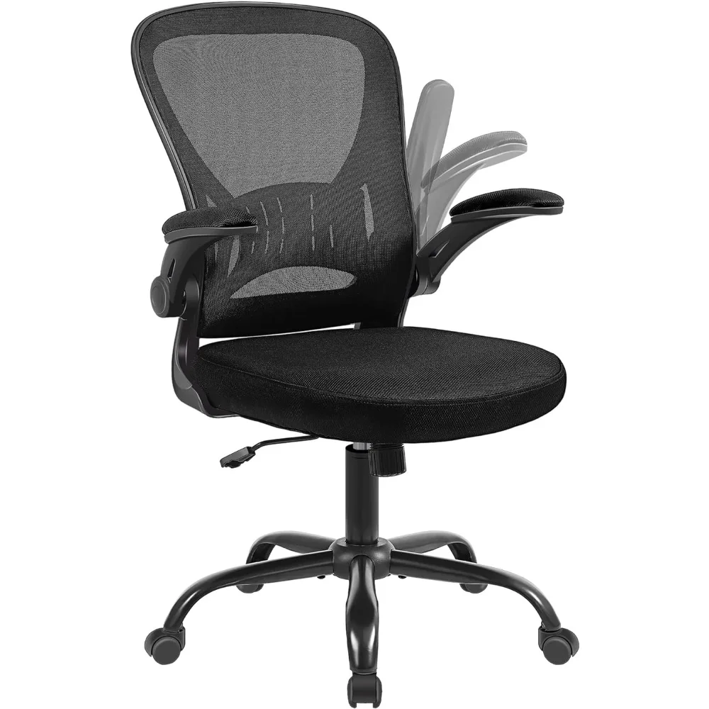 

Black mesh office chair with flipping arms and waist support, adjustable height home office desk and chair