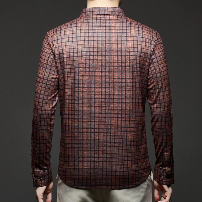   قميص رجالي مكون من مزيج الصوف والحرير - تصميم بدون خياطة باللون الأخضر (الأحمر).    ملابس رجال الأعمال غير الرسمية للخريف متعددة الاستخدامات #2