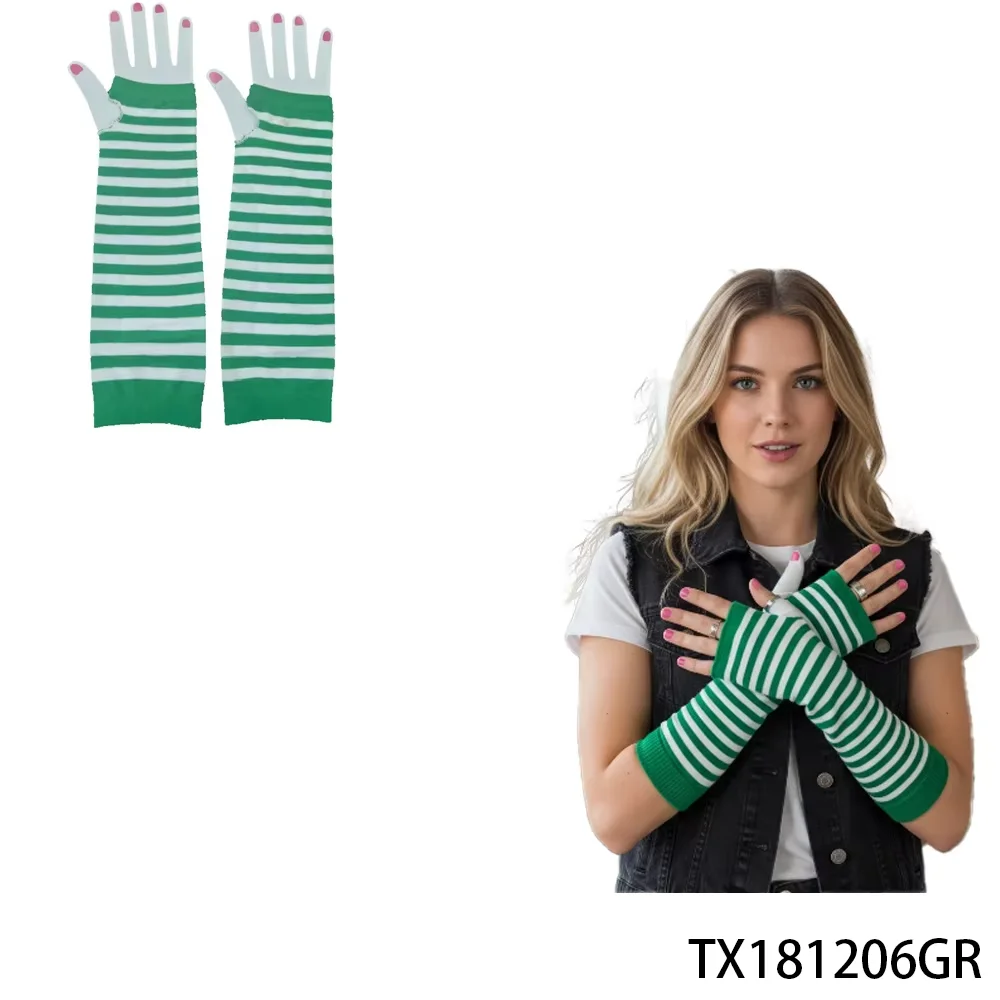

PESENAR St. Patrick's Day Green & White Striped Fingerless Gloves - Irish Festival Novelty Accessory