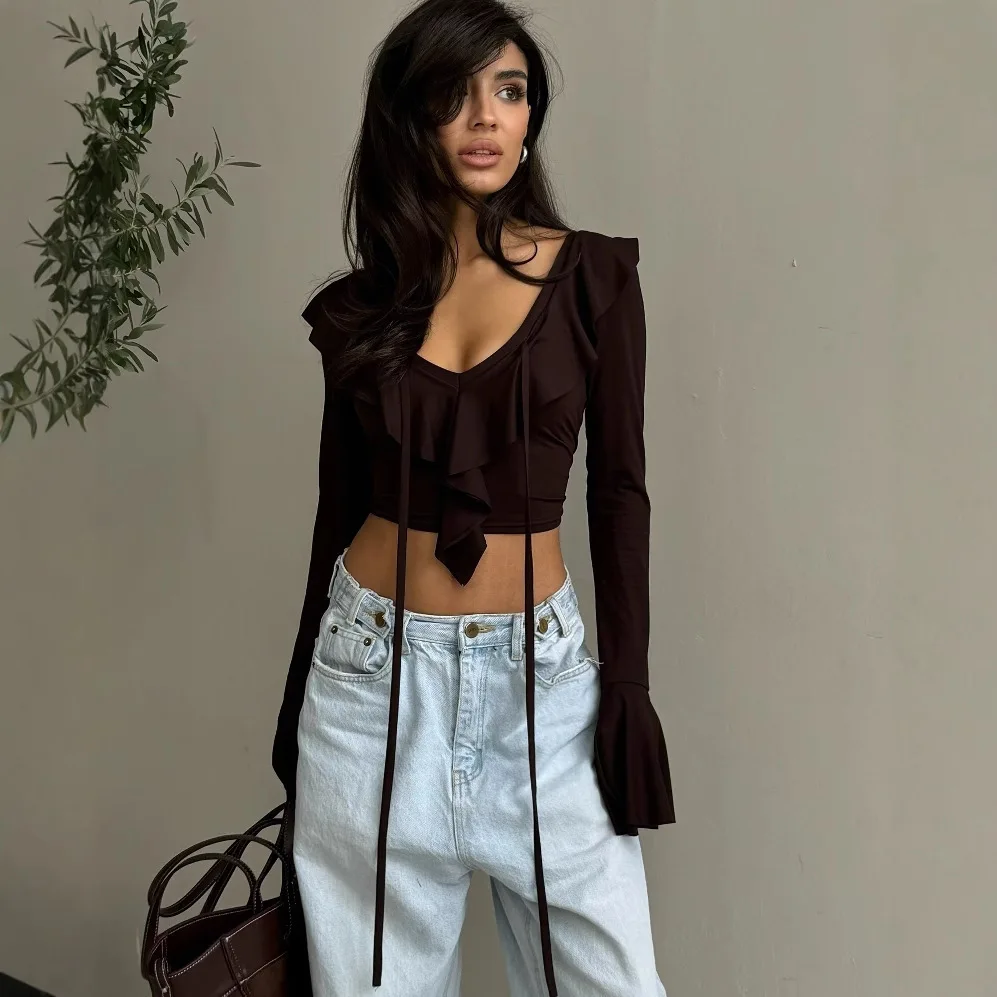 Damska koszulka z długim rękawem w stylu amerykańskim, wiosna-jesień, obcisła i wyszczuplająca, elastyczny dekolt w kształcie litery V z