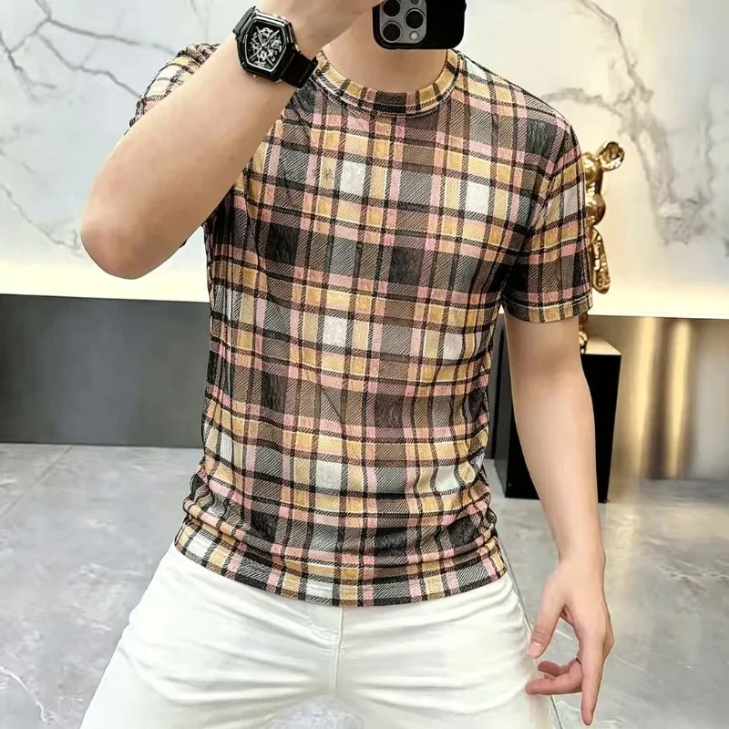 Trendy Plaid Mesh Breathable T-shirt for Men Round Neck Slim Fit Perspective Casual T-shirt Short Sleeve Social Streetwear Tee